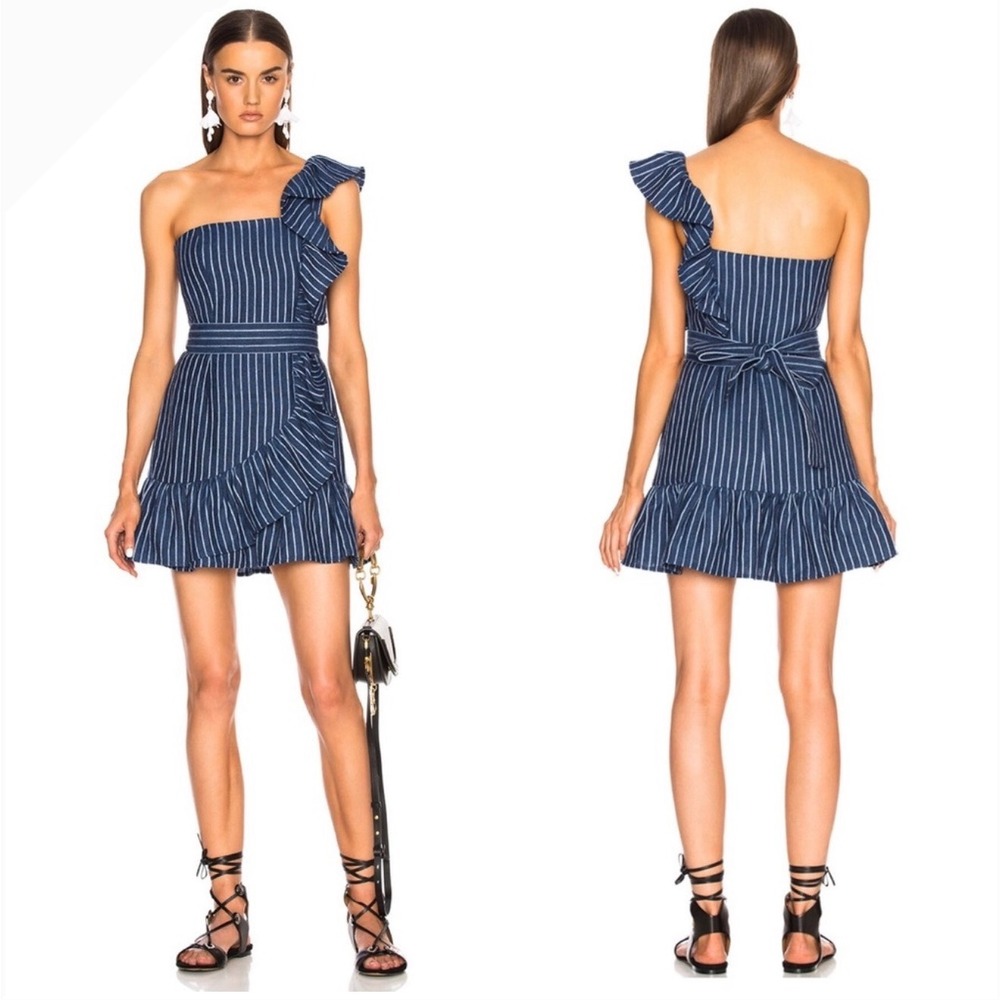 NWT Alexis Konner denim dress linen ruffle striped one shoulder S resort classic